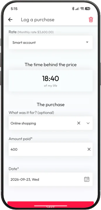 Money to Time Converter showing the hours of life behind a purchase