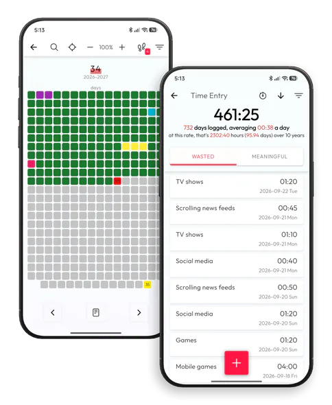 Life Calendar and Time Diary screens in the Wastime mobile app