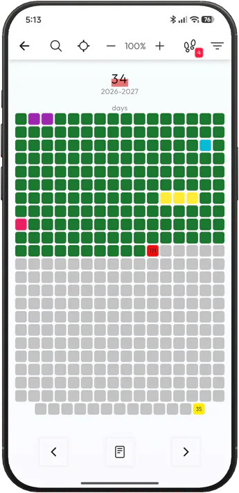 Wastime Life Calendar showing a year of life in days, with lived days in green, the days ahead in grey and milestones marked in color