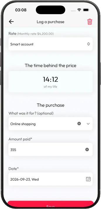 Money to Time Converter showing the hours of life behind a purchase