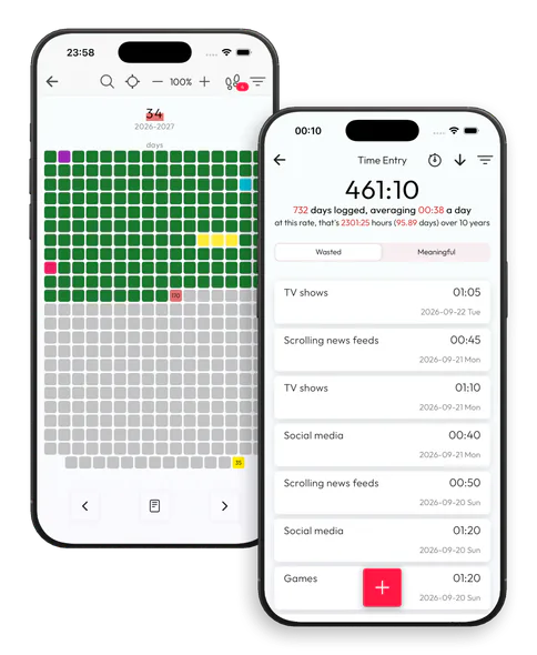Life Calendar and Time Diary screens in the Wastime mobile app